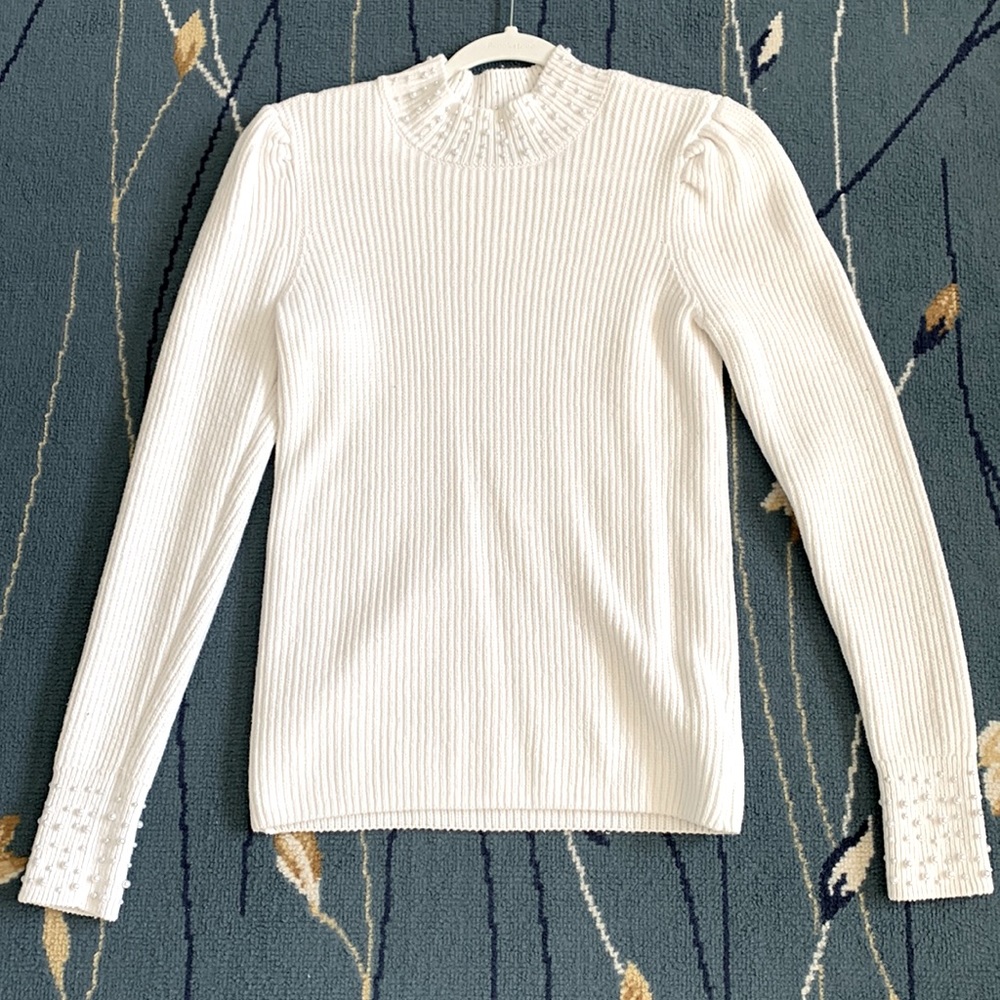 Marled Pullover Faux Pearl Accented Sweater